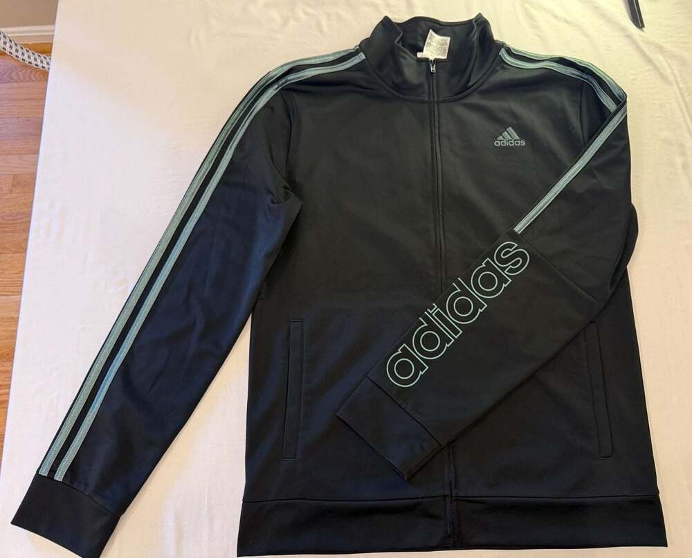 Adidas Black Track Jacket with Green Logo and Stripes, Size XL/18/20